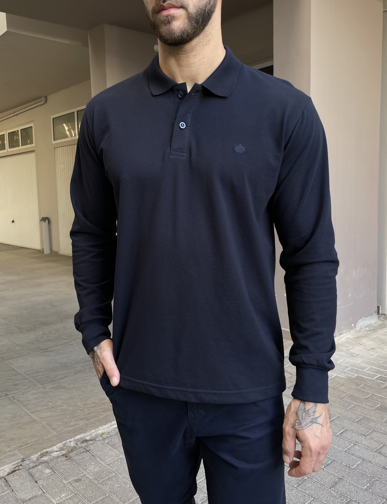 Everbest Ανδρική μπλε navy πικέ Polo μακρυμάνικη μπλούζα Plus size 2610200B
